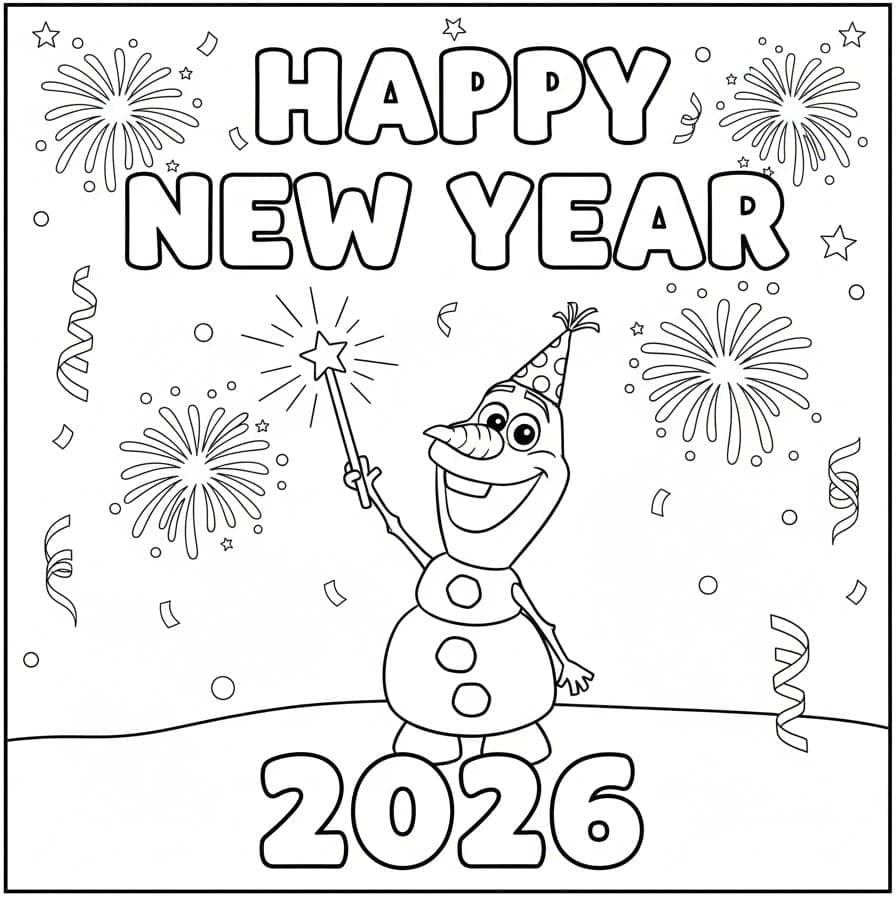 Godt nytår 2026 med Olaf Tegninger til Farvelægning