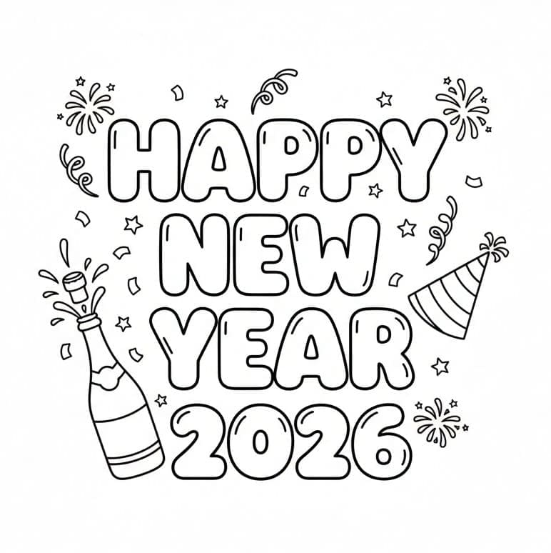 Godt nytår 2026 Print gratis Tegninger til Farvelægning