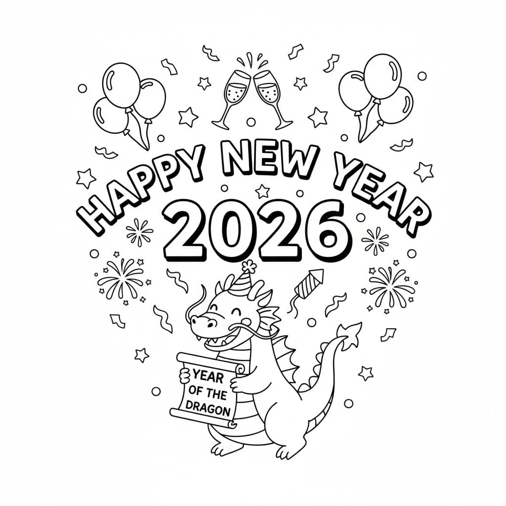 Godt nytår 2026 til dragen Tegninger til Farvelægning