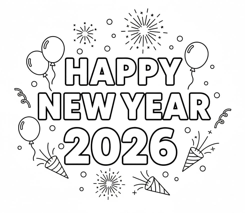 Godt nytår 2026 udskrivbar gratis Tegninger til Farvelægning