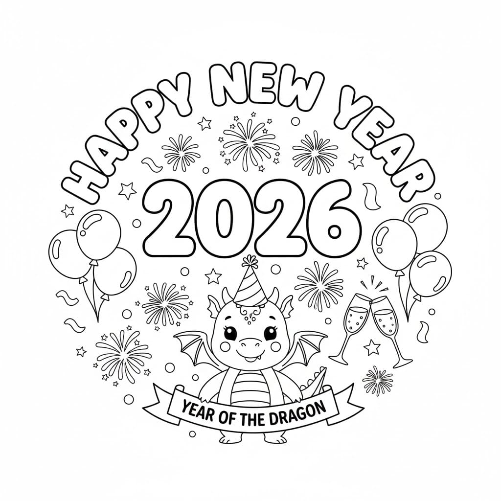 Gratis Godt nytår 2026 Tegninger til Farvelægning