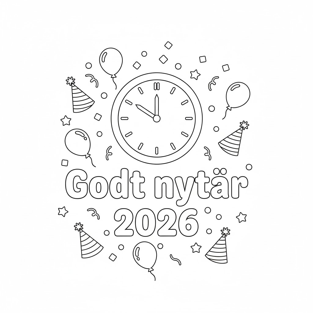 Gratis Godt nytår 2026 til udskrivning Tegninger til Farvelægning