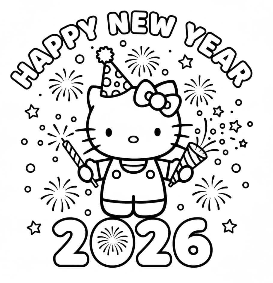 Hello Kitty med et godt nytår 2026 Tegninger til Farvelægning