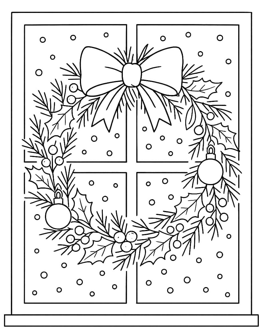 Julekrans hænger på vinduet Tegninger til Farvelægning