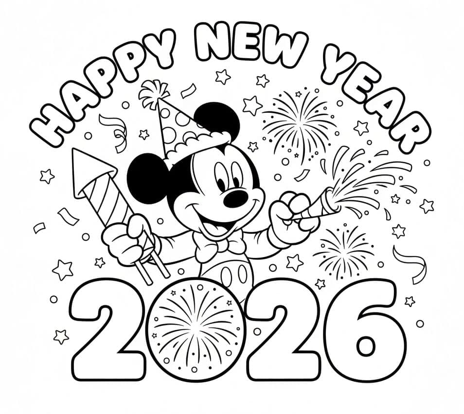 Mickey Mouse og godt nytår 2026 Tegninger til Farvelægning