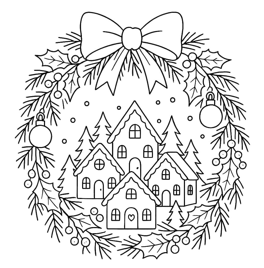 Snedækkede huse og julekrans Tegninger til Farvelægning
