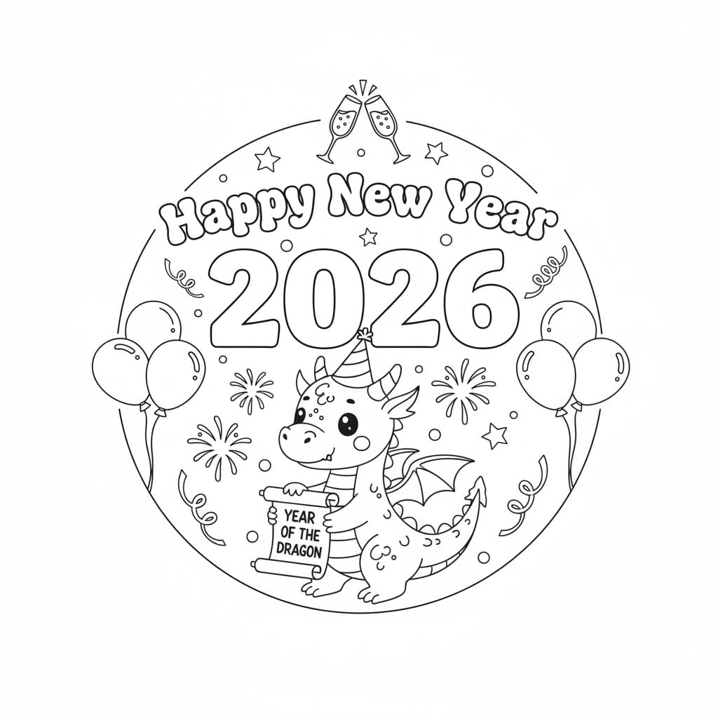 Sød drage, Godt nytår 2026 Tegninger til Farvelægning