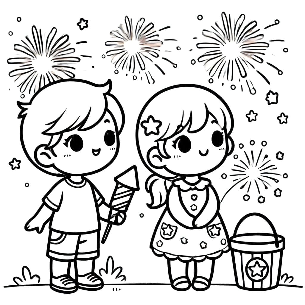 Søde børn ser fyrværkeri Tegninger til Farvelægning