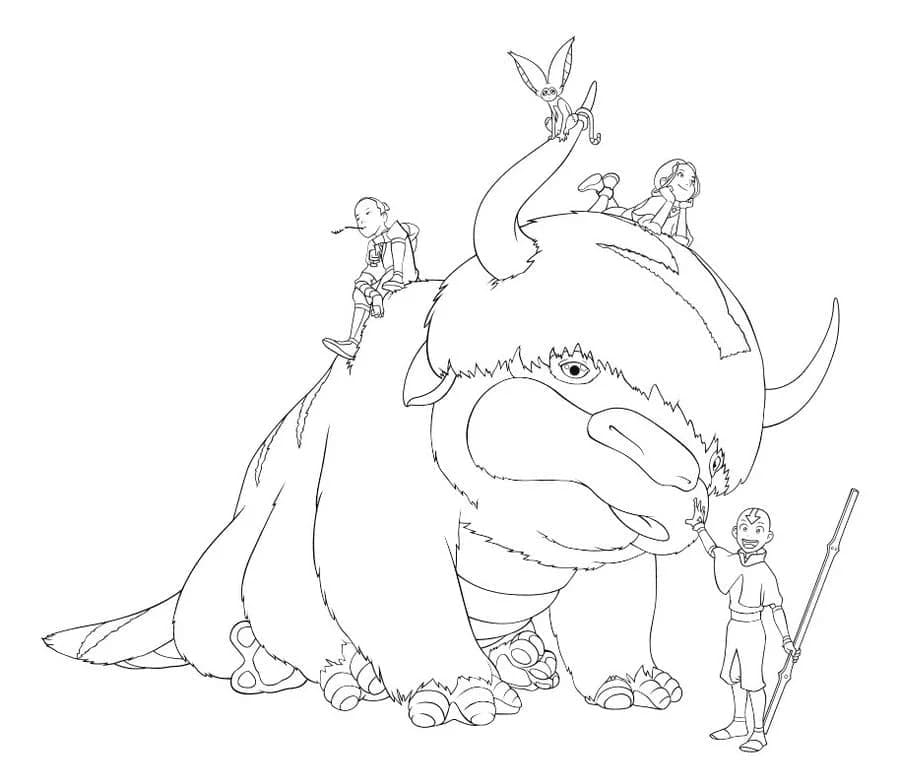 Sokka, Momo, Katara, Aang og Appa Tegninger til Farvelægning