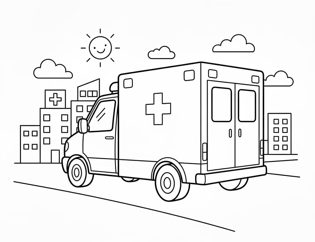 Ambulance mellem Bygninger Tegninger til Farvelægning