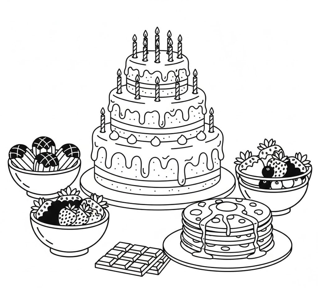 Chokolade- og fødselsdagskage Tegninger til Farvelægning