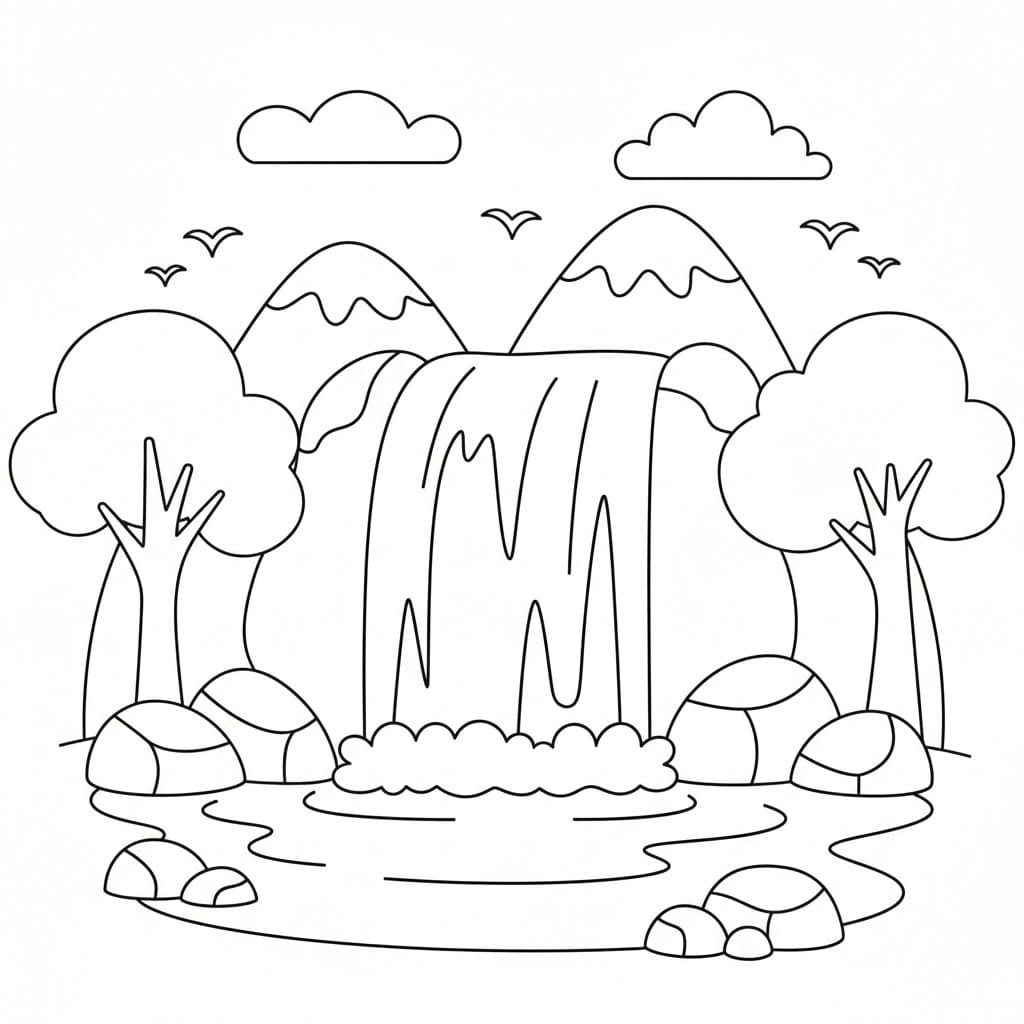 Bjergvandfald Tegninger til Farvelægning