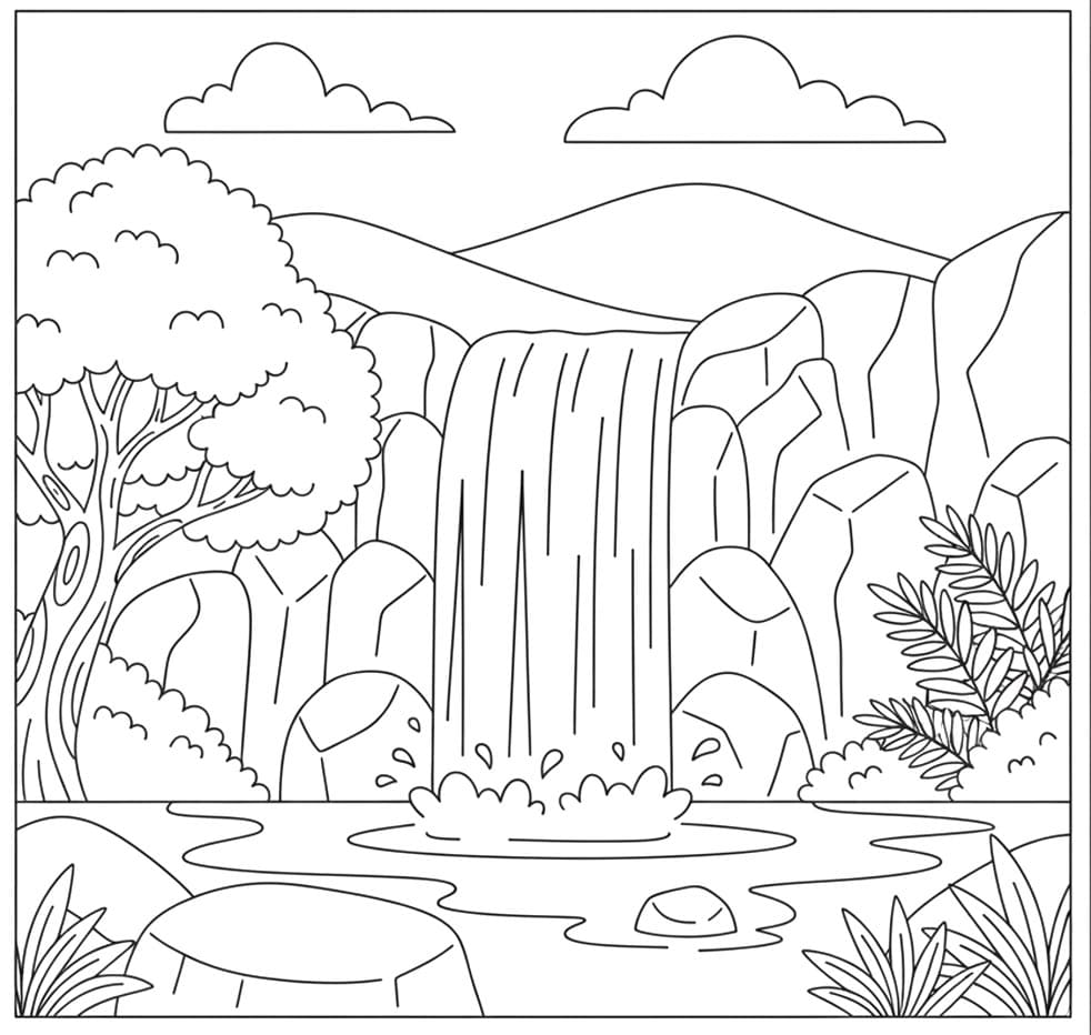 Fredeligt Vandfald Tegninger til Farvelægning