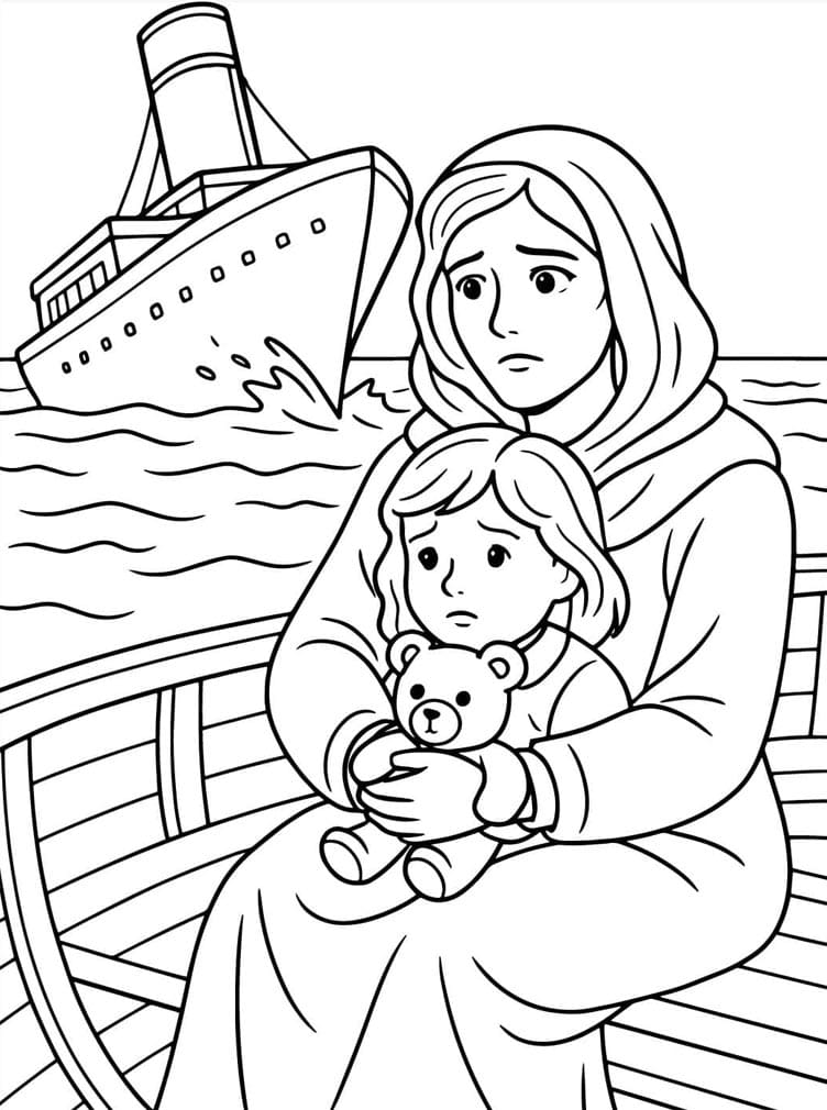 Mor og baby ser Titanic-skibet Tegninger til Farvelægning