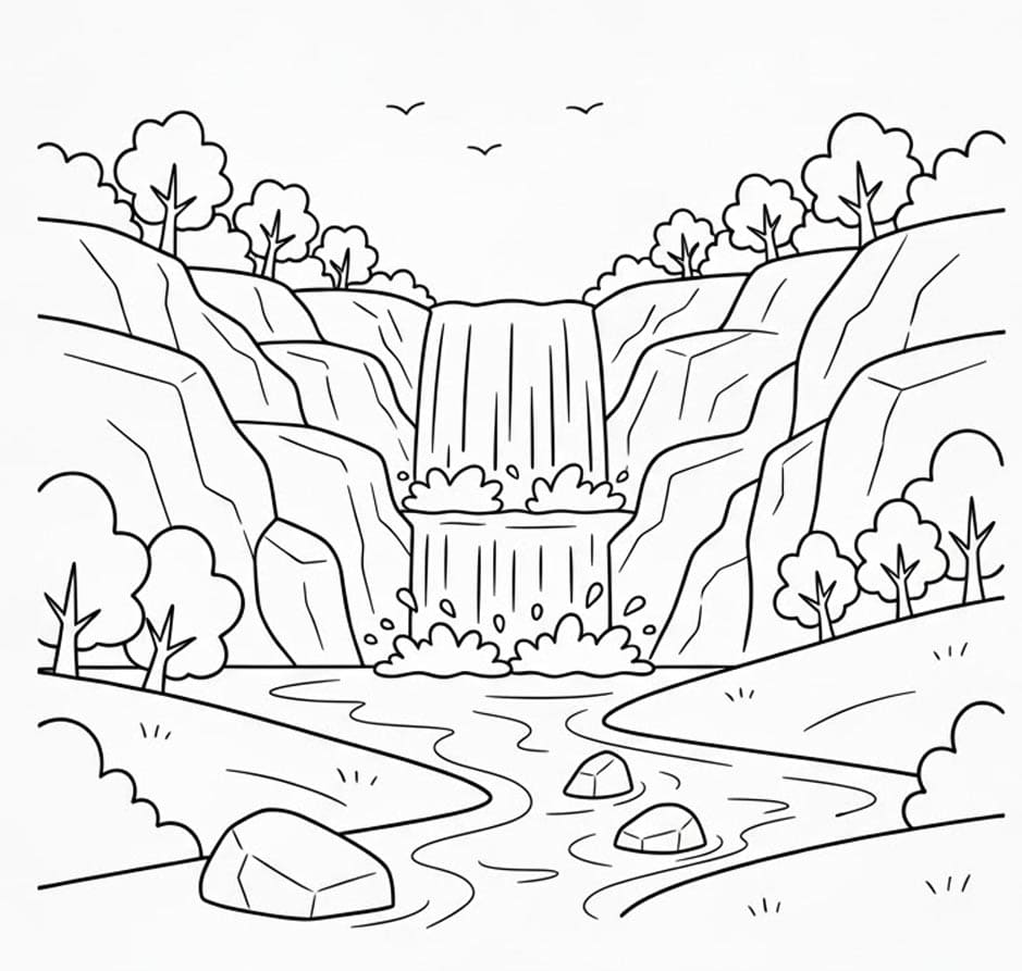 Roligt Vandfald Tegninger til Farvelægning