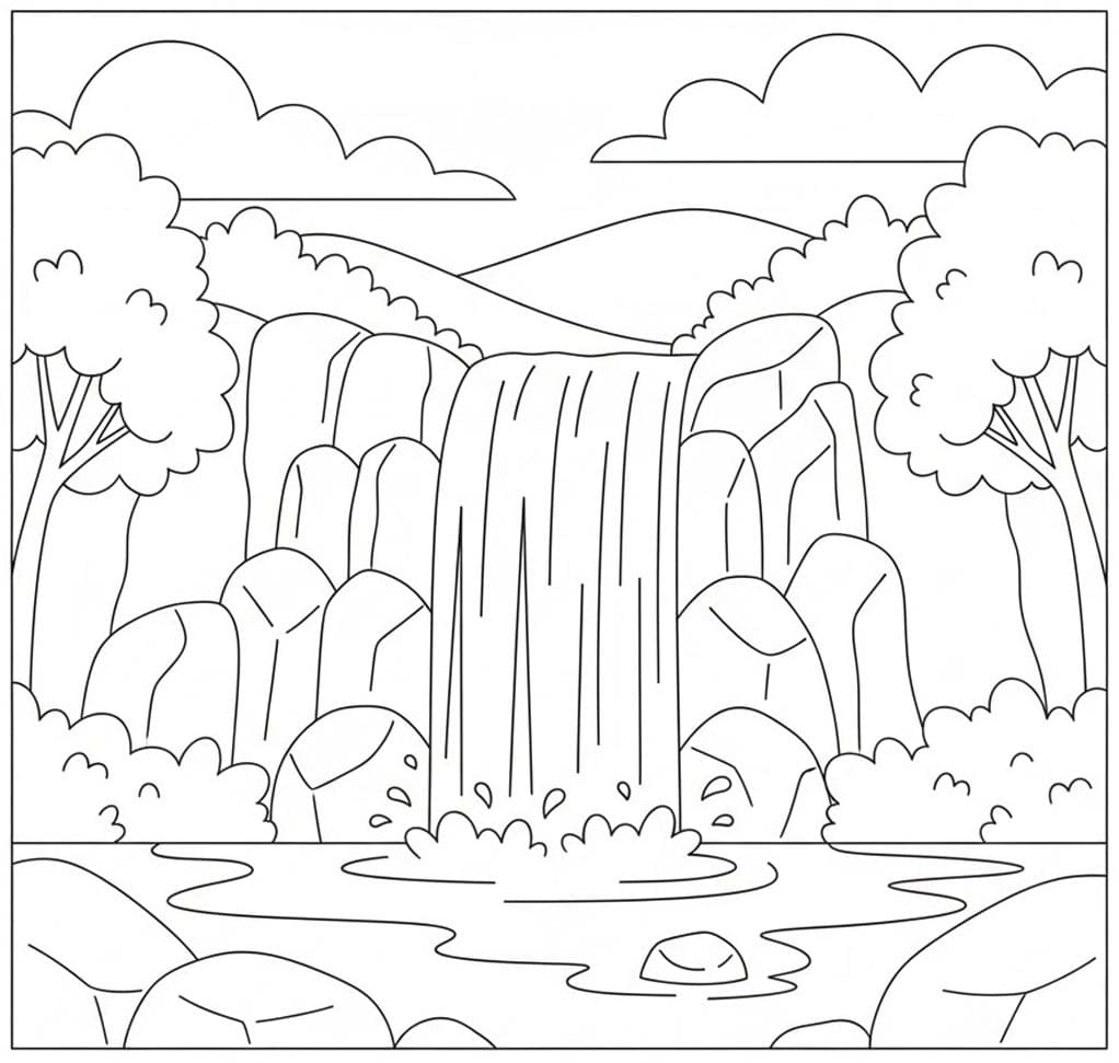 Smukt Vandfald Tegninger til Farvelægning