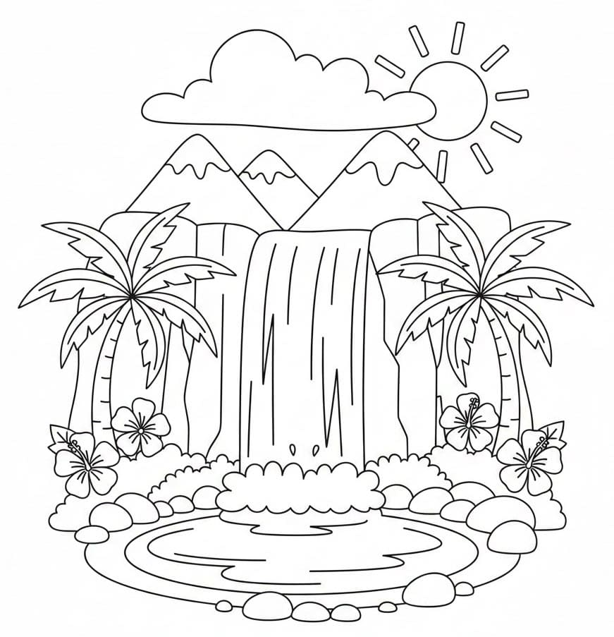 Vandfald Med Regnbue Tegninger til Farvelægning