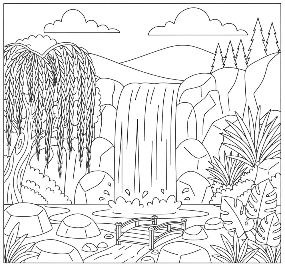 Vildt Vandfald Tegninger til Farvelægning