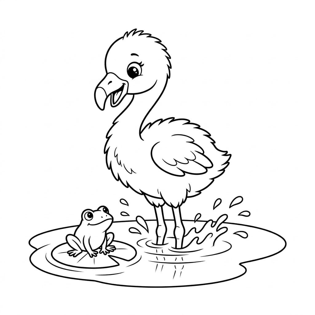 Barn flamingo og frø Tegninger til Farvelægning