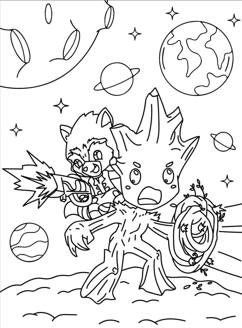 Bekæmp Rocket og Groot Tegninger til Farvelægning