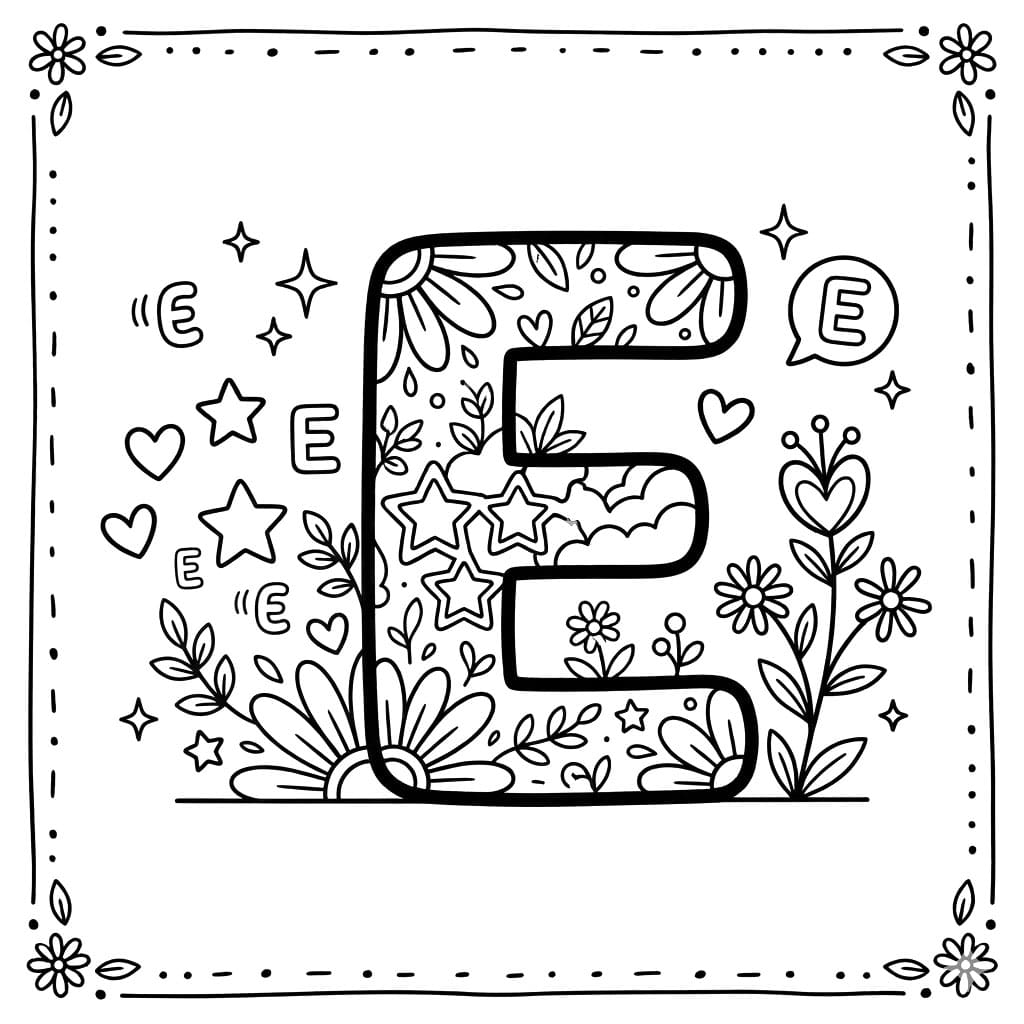 Blomstret Bogstav E Tegninger til Farvelægning