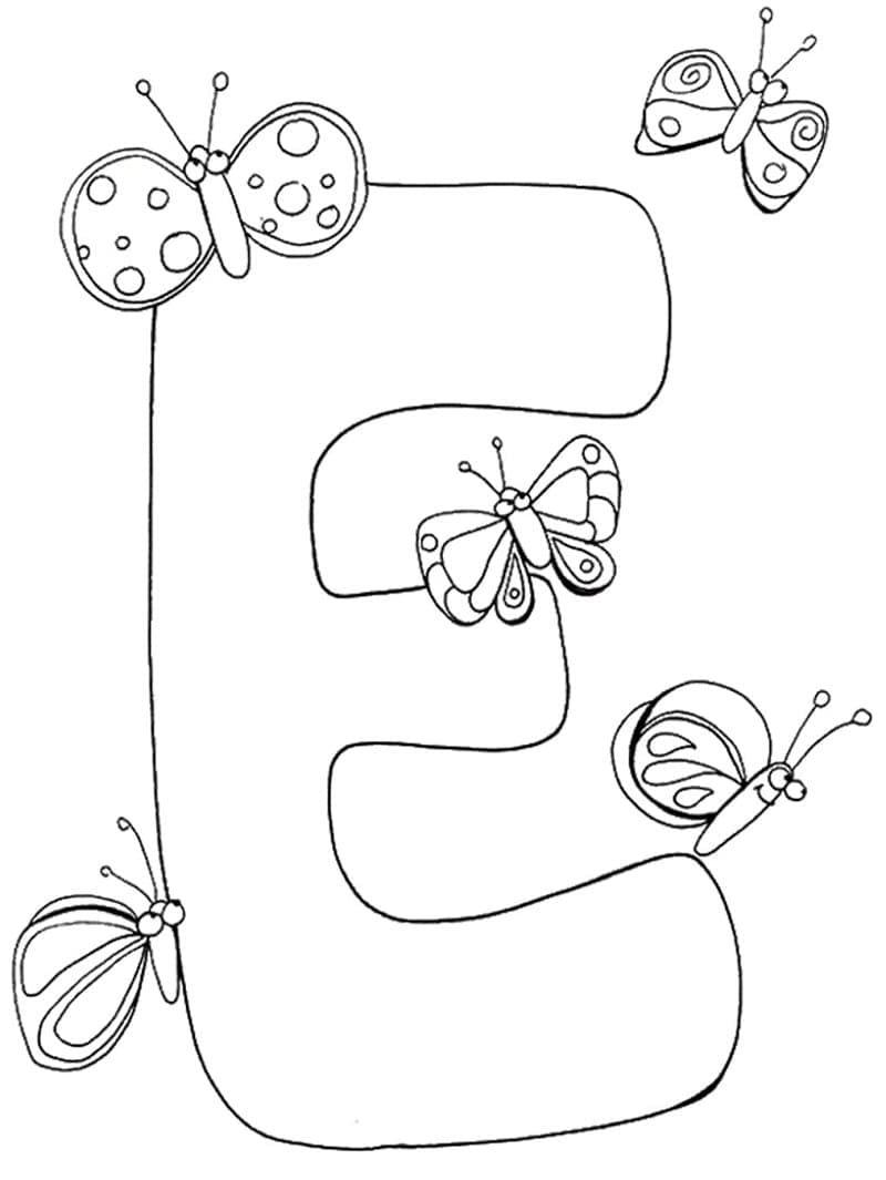 Bogstavet E og sommerfugle Tegninger til Farvelægning