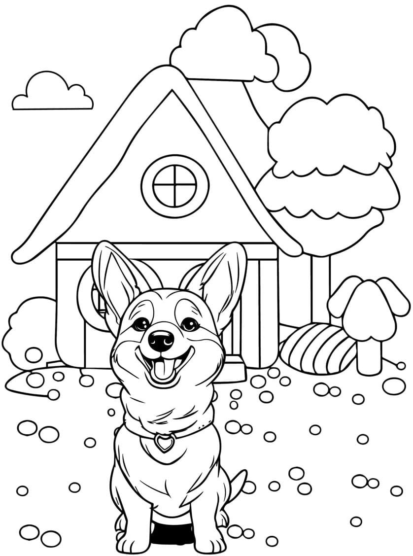 Corgi sidder foran huset Tegninger til Farvelægning