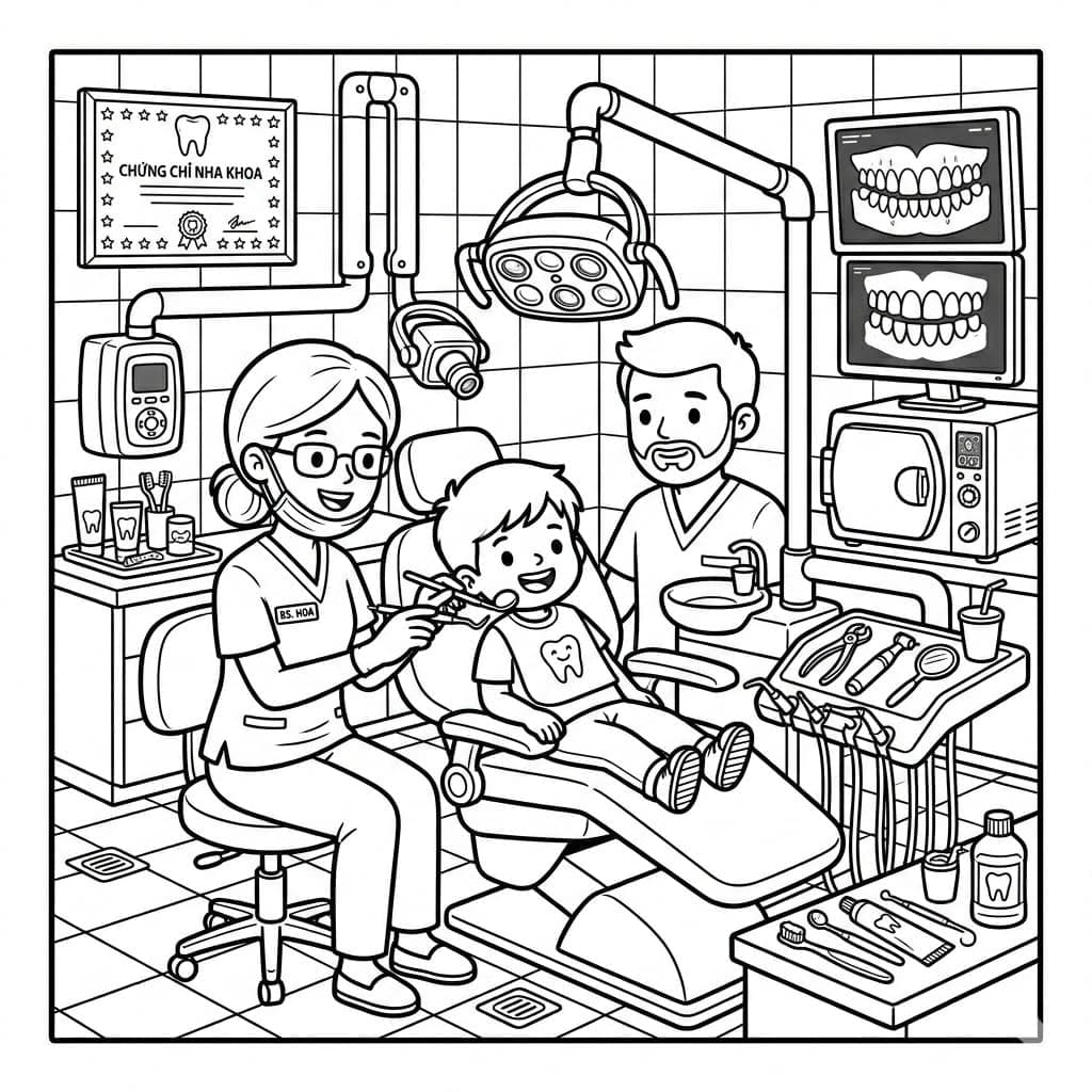 Familien går til tandlægen Tegninger til Farvelægning