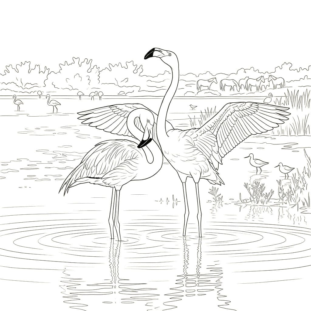 Flamingo i Solnedgang Tegninger til Farvelægning