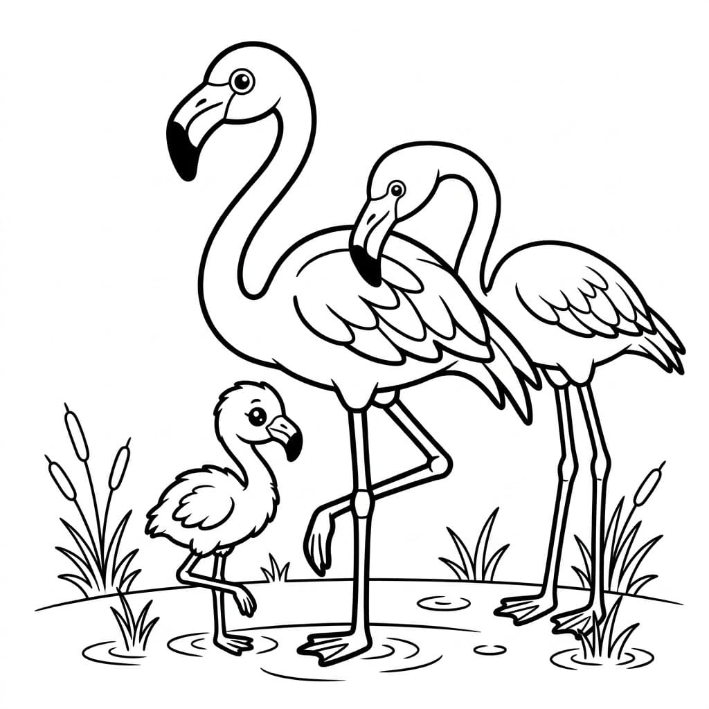 Flamingo med Unge Tegninger til Farvelægning