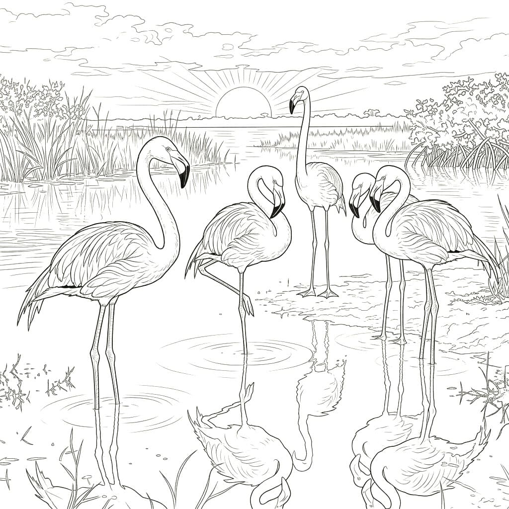 Flamingoer i Vandet Tegninger til Farvelægning