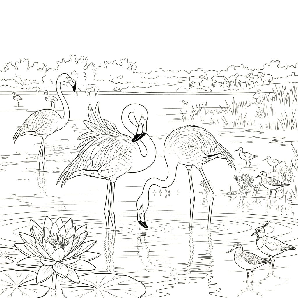 Flamingoer ved Søen Tegninger til Farvelægning