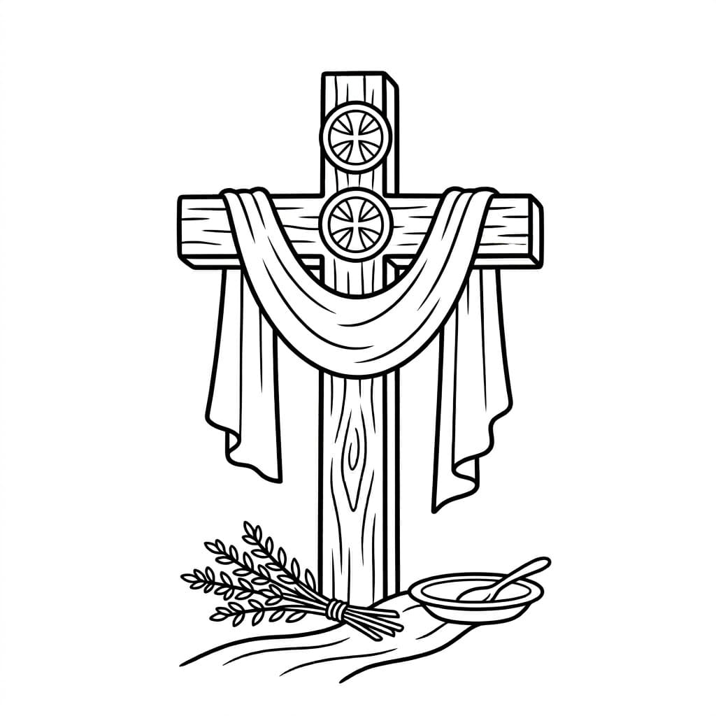 Kors med klæde og symboler Tegninger til Farvelægning