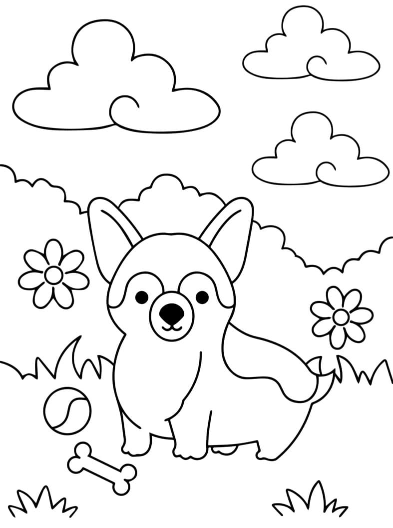 Lille Corgi med sit legetøj Tegninger til Farvelægning