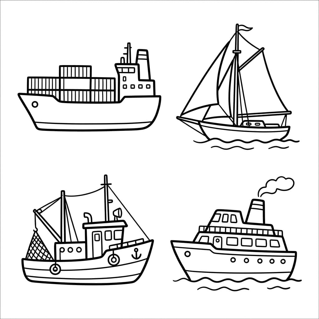 Skibe og Sejlbåde Tegninger til Farvelægning