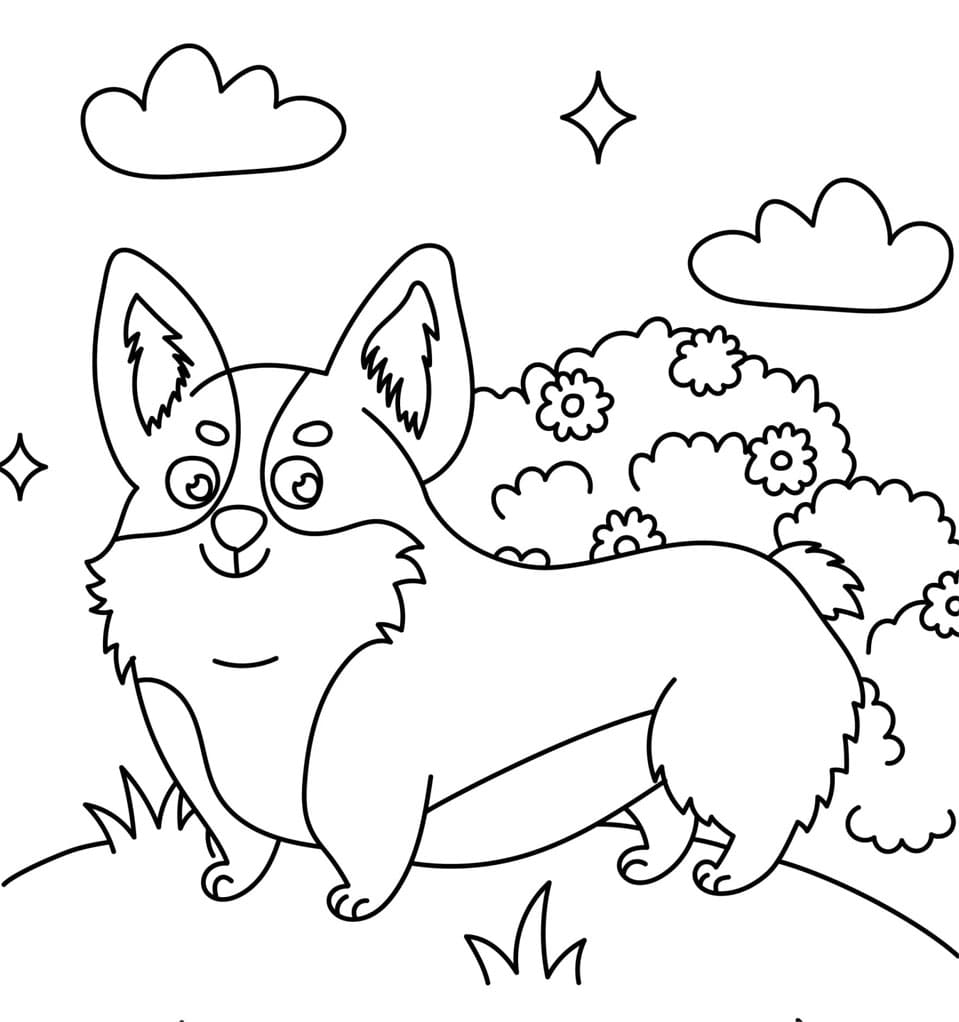 Sød Corgi med blomster Tegninger til Farvelægning