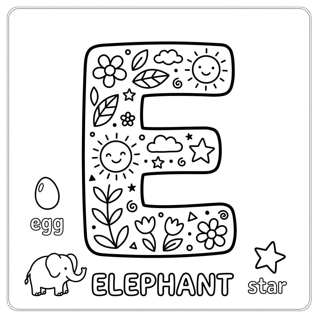Sødt Bogstav E Med Elefant Tegninger til Farvelægning