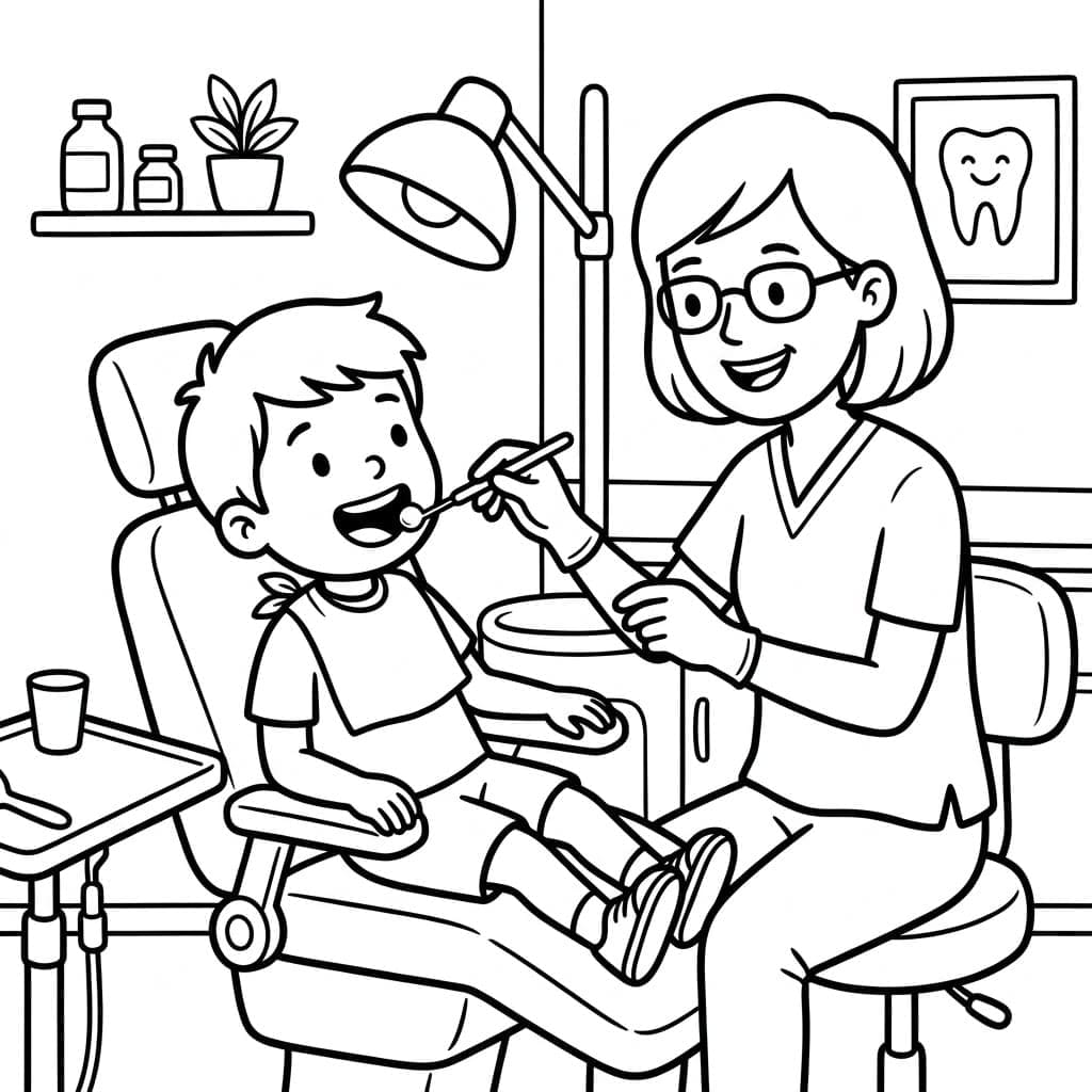 Tandlægen undersøger børns tænder Tegninger til Farvelægning