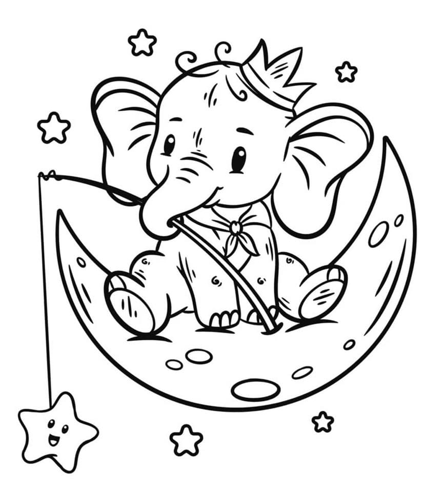 Elefant sidder på månen Tegninger til Farvelægning