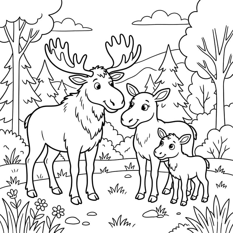Elg med unger Tegninger til Farvelægning