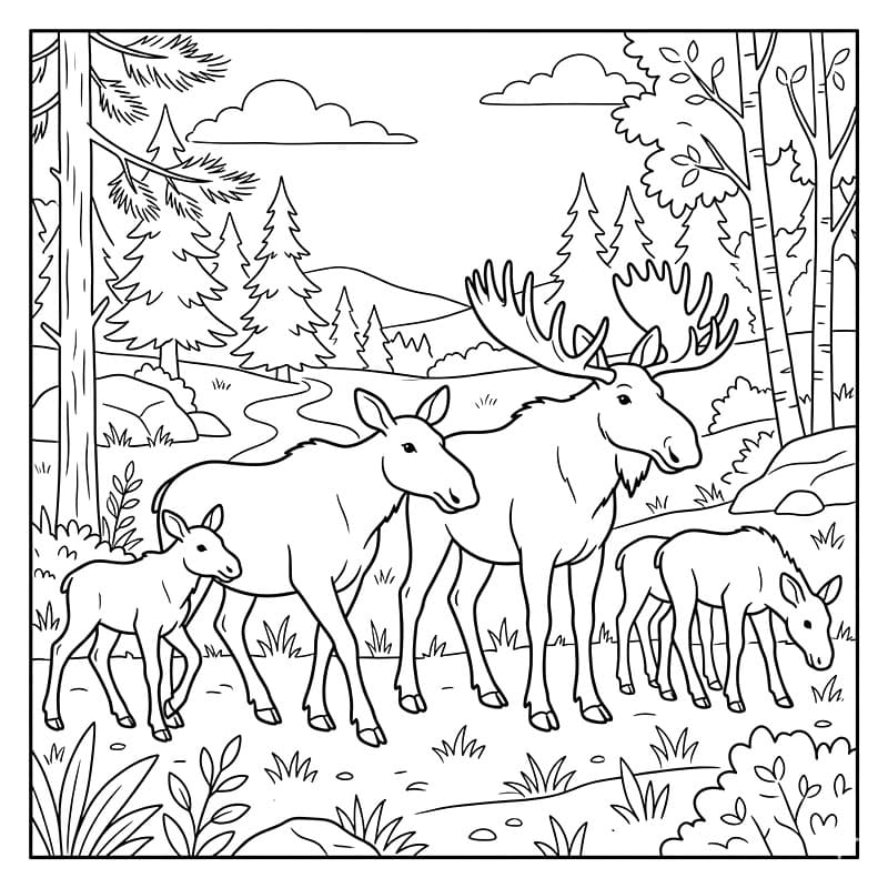 Elgeflok i naturen Tegninger til Farvelægning