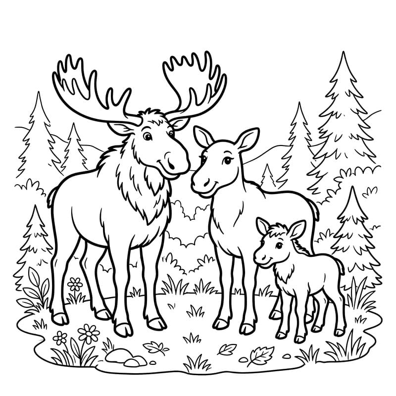 Elgfamilie i skoven Tegninger til Farvelægning