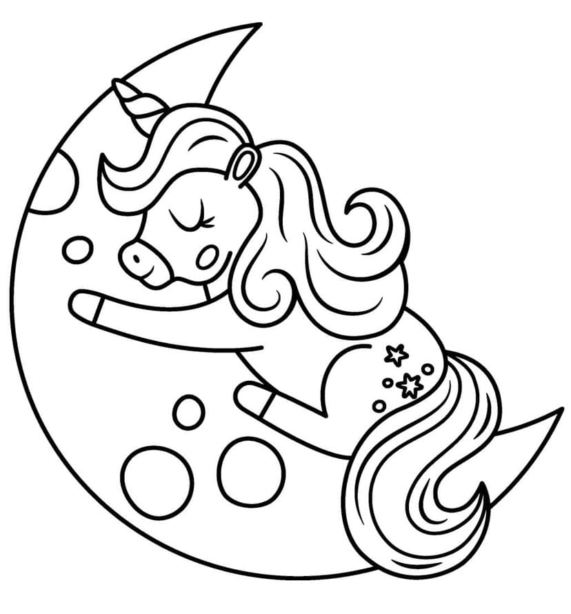 Enhjørning sover på halvmåne Tegninger til Farvelægning