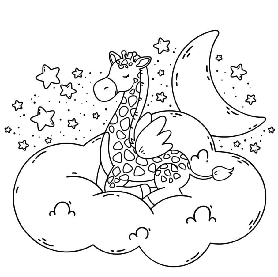 Giraf på skyerne med måne og stjerner Tegninger til Farvelægning