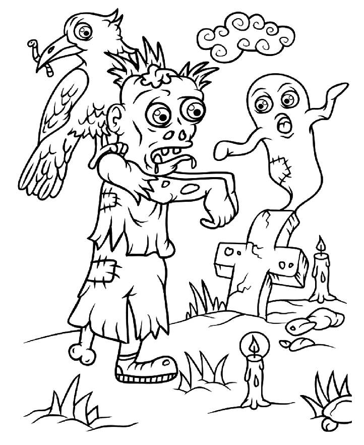 Halloween-zombie og krage Tegninger til Farvelægning