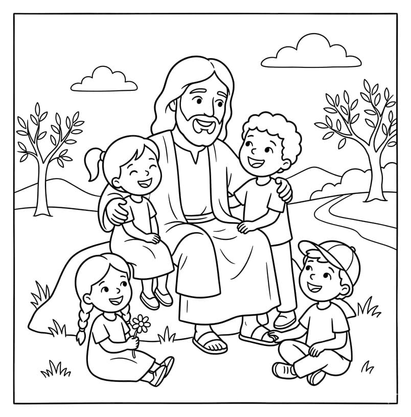 Jesus glæder sig over børnene Tegninger til Farvelægning