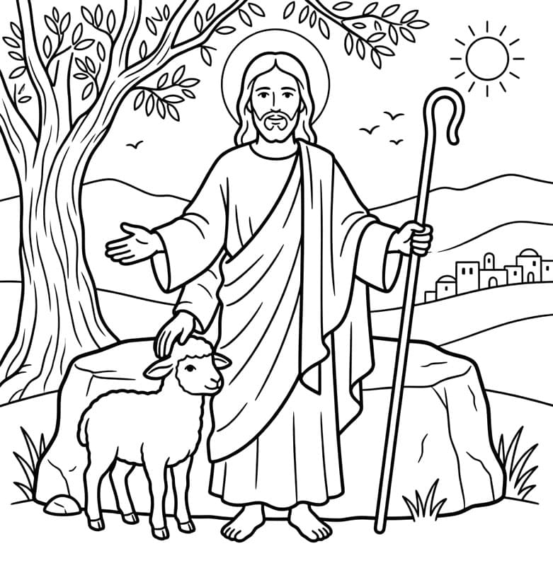 Jesus med Lammet Tegninger til Farvelægning