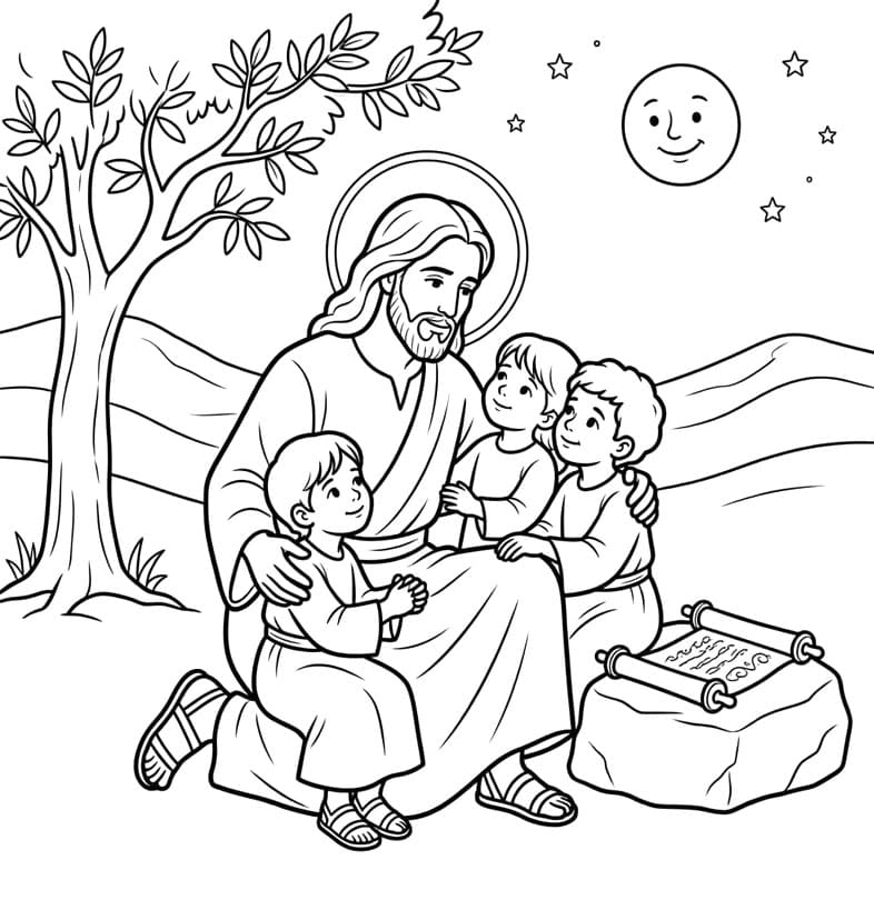 Jesus med tre børn Tegninger til Farvelægning