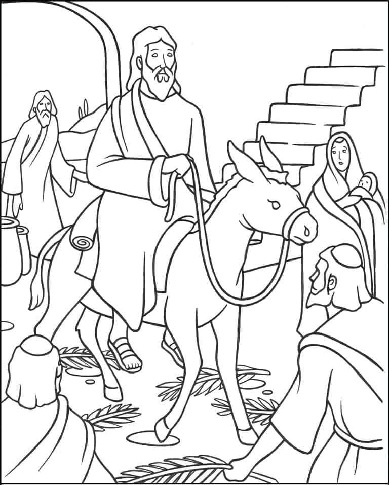 Jesus rider ind i Jerusalem på et æsel Tegninger til Farvelægning