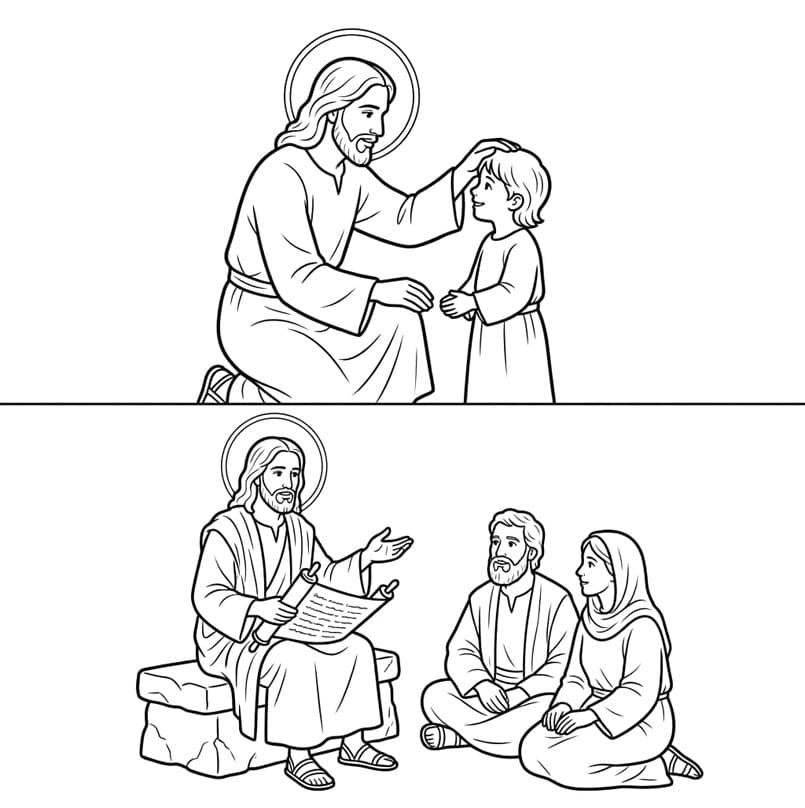 Jesus underviser børn Tegninger til Farvelægning